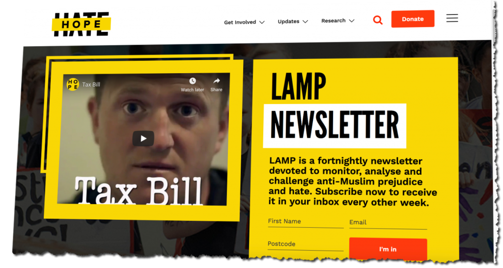 Hope Not Hate screenshot. Hope not Hate’s website always features best selling author, Tommy Robinson, prominently.